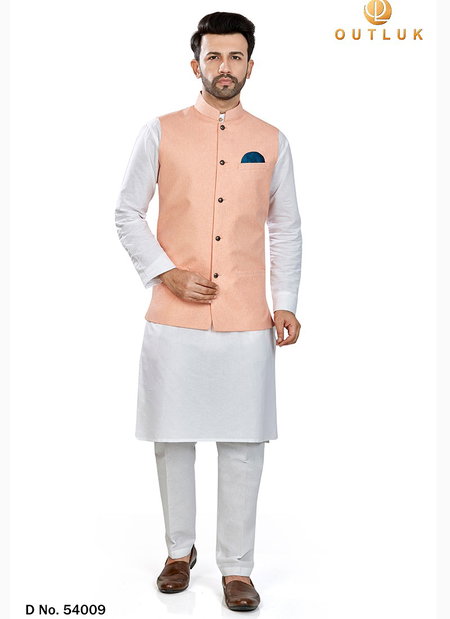 Peach Outluk Vol 54 Festive Wear Linen Blend Digital Print Kurta Pajama With Jacket Mens Collection 54009